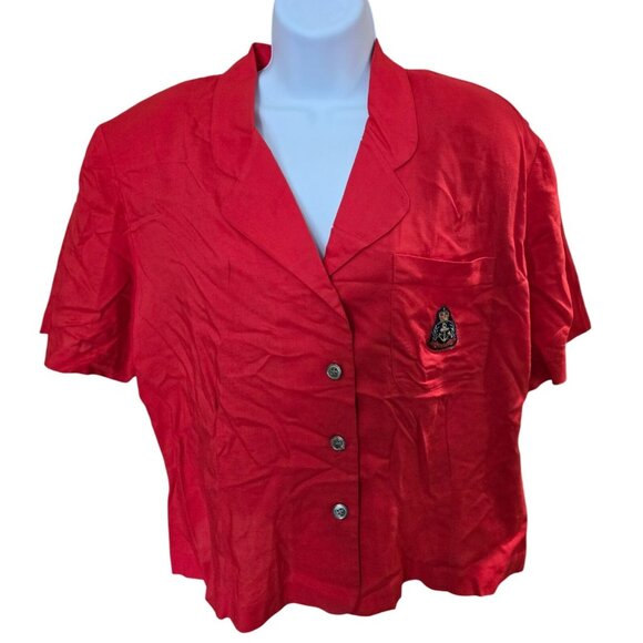 Vintage Chaus Red Short Sleeve Button-Up Blouse With Embroidered Crest Pocket - Picture 1 of 8